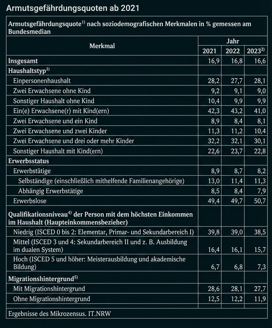 Tabelle: Armutsgefährdungsquoten 2021–2023 nach Haushaltstyp, Erwerbsstatus, Bildungsniveau und Migrationshintergrund (Prozentangaben)